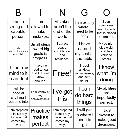 Positive Affirmation Bingo Card