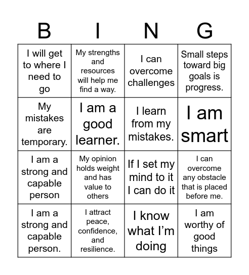 Positive Affirmation Bingo Card