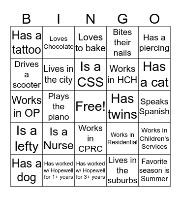 Hopewell Picnic 2016 BINGO Ice Breaker Bingo Card