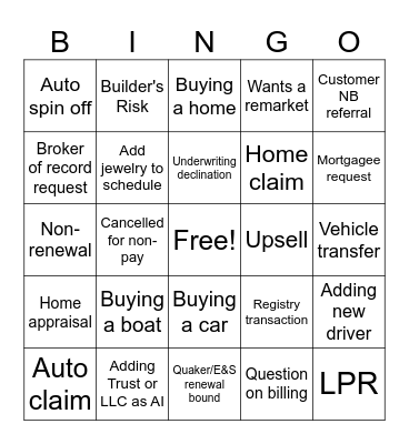 Insurance Bingo Card