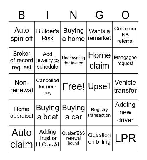 Insurance Bingo Card