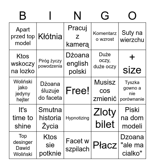 Top model Bingo Card