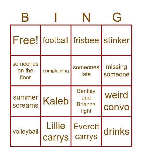 PE  Bingo Card