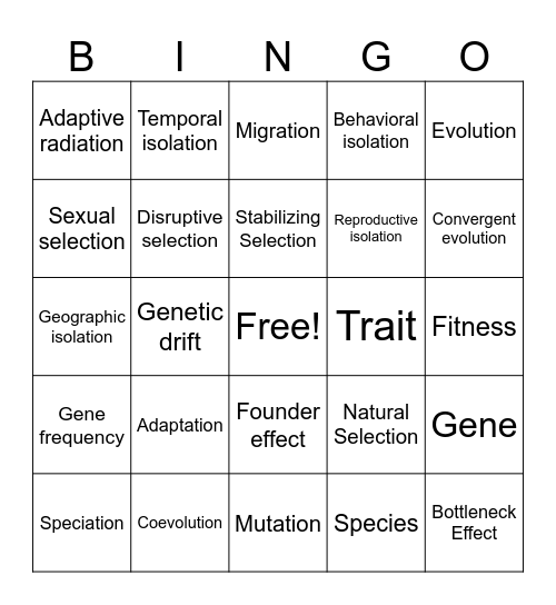 Evolution Bingo Card