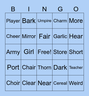 Postvocalic /r/ bingo Card