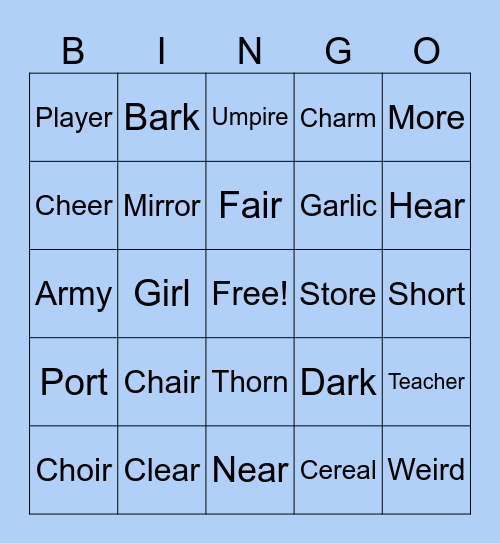 Postvocalic /r/ bingo Card