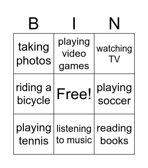 Free Time Activities Bingo Card