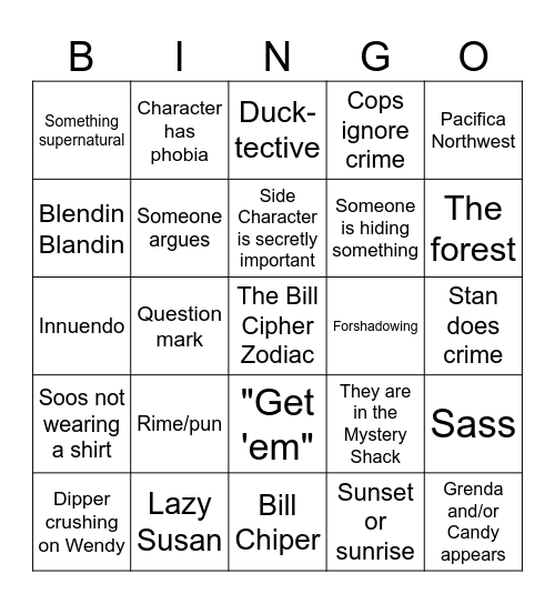 Gravity falls Bingo Card