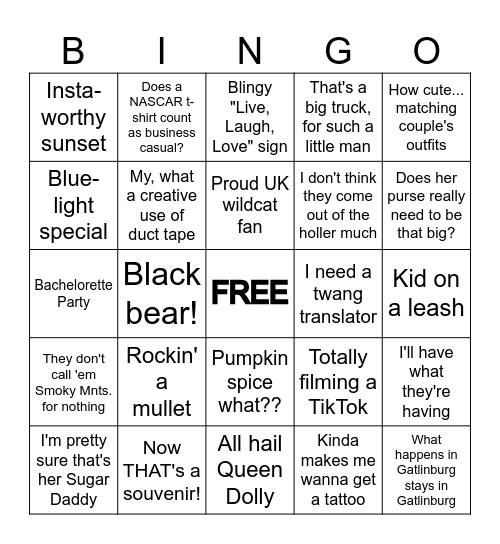 Gatlinburg Bingo Card