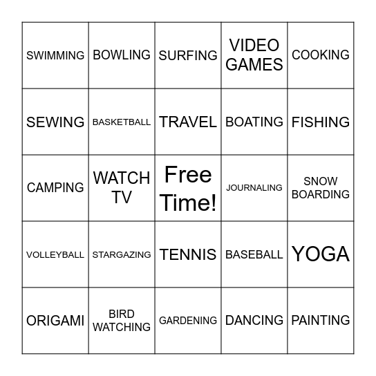 LEISURE ACTIVITIES Bingo Card