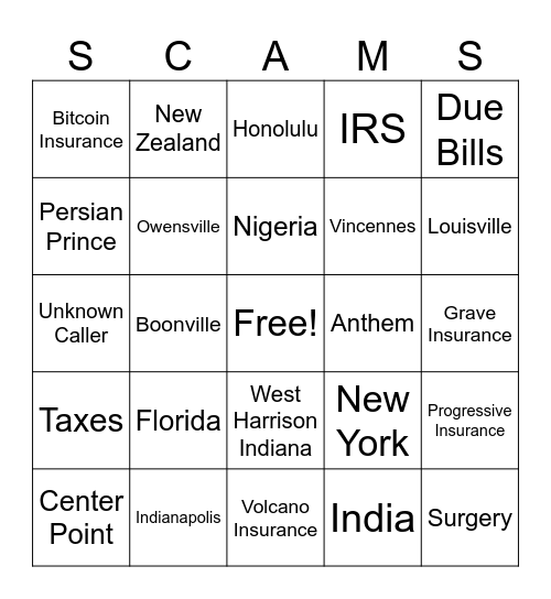 Scam Caller Bingo Card