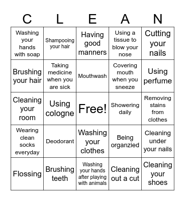 Hygiene Bingo Card