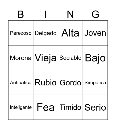 Spanish Adjectives Bingo Card