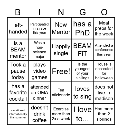 BEAM Mentor Pre-Kickoff Bingo Card