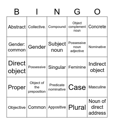 Nouns Bingo Card