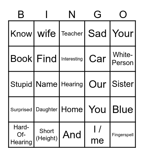 ASL VOCABULARY GAME Bingo Card