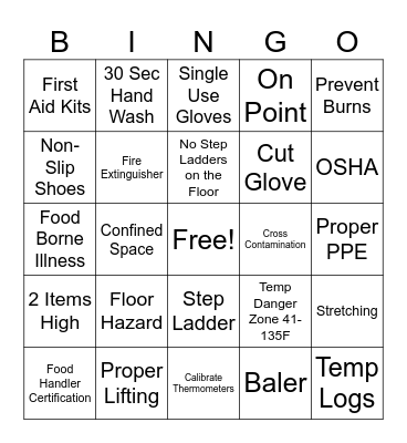 Safety Bingo Card