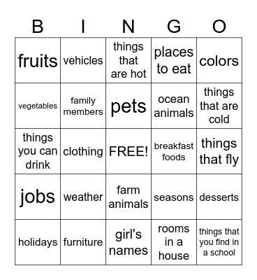 Categories Bingo Card