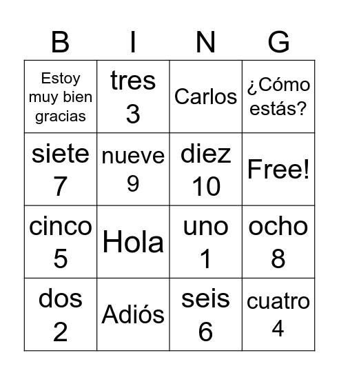 Spanish Greetings Bingo Card