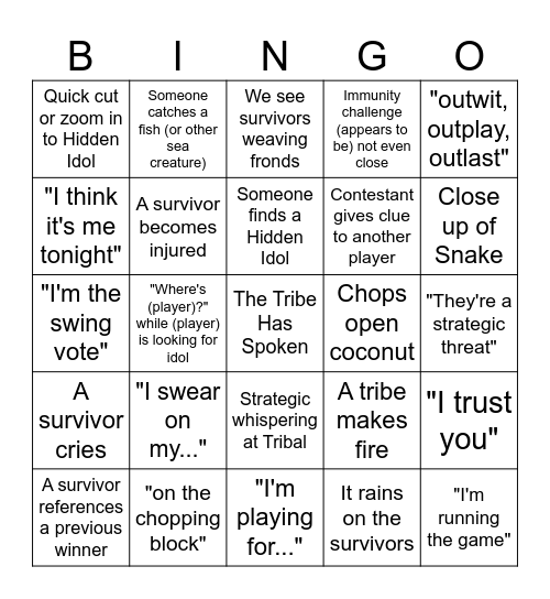 Survivor Bingo Card