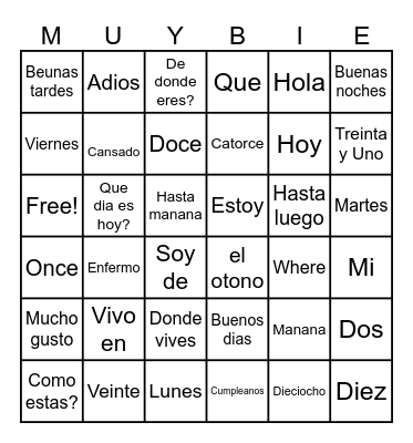 Super Ultra Mega Fun Spanish Bingo! Bingo Card