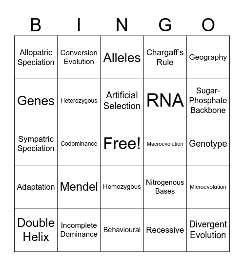 DNA and Genes Bingo Card