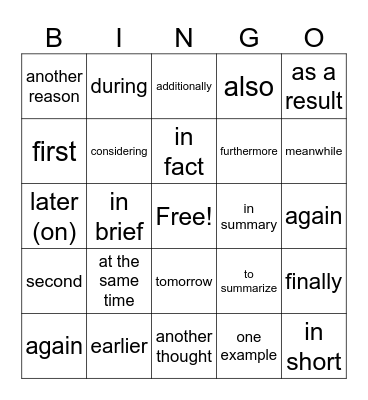 Transition Words and Phrases Bingo Card