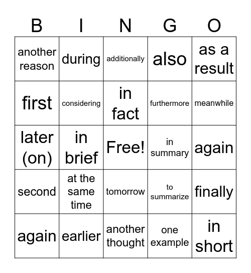 Transition Words and Phrases Bingo Card