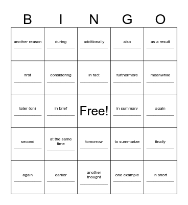 Transition Words and Phrases Bingo Card