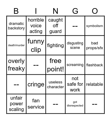 Anime Bingo Card