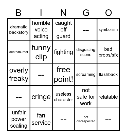 Anime Bingo Card