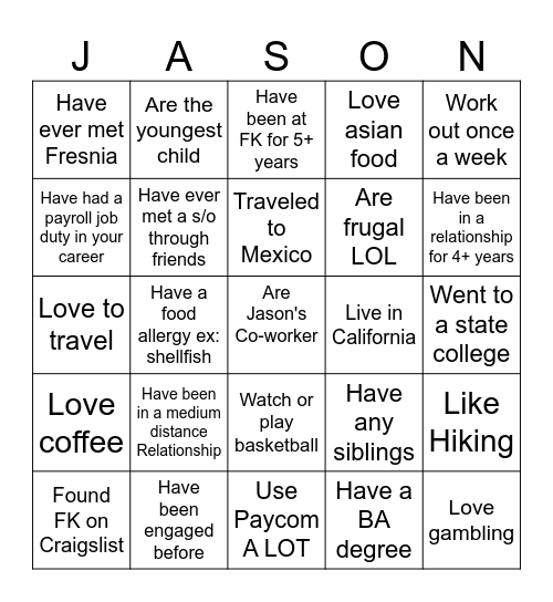 Jason Bingo! Mark your card if you.... Bingo Card
