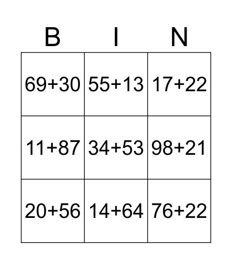 2-Digit add Bingo Card