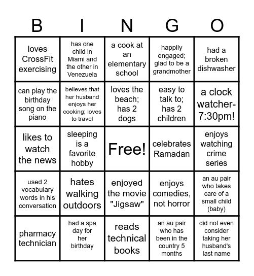 Getting Acquainted Bingo Card