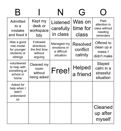 Responsibility BINGO Card