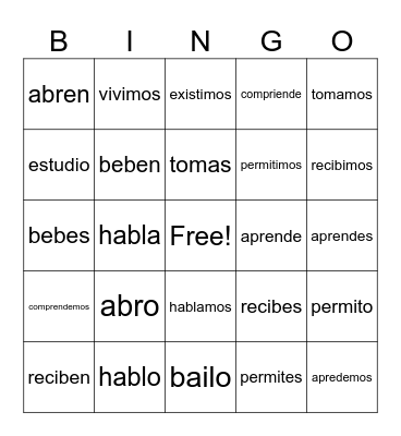 AR/ER/IR Verbs Bingo Card