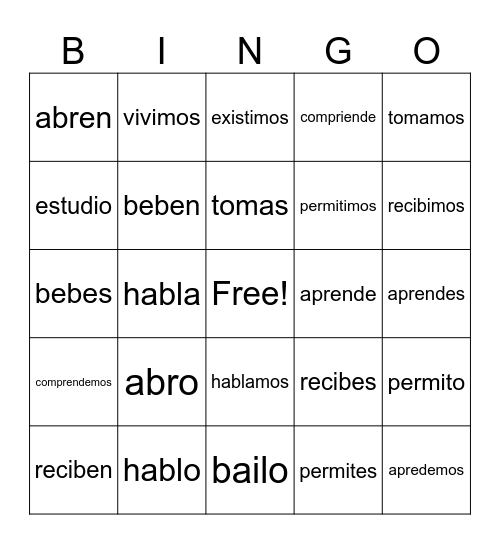 AR/ER/IR Verbs Bingo Card