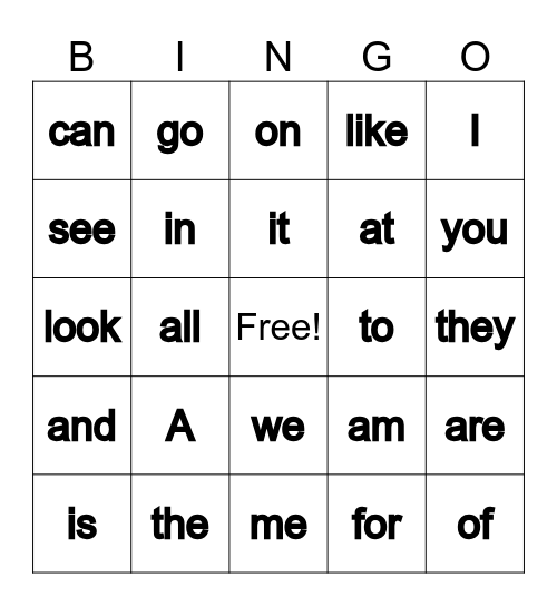 High Frequency Words 1 Bingo Card