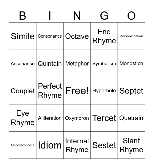 Poetry Unit Bingo Card