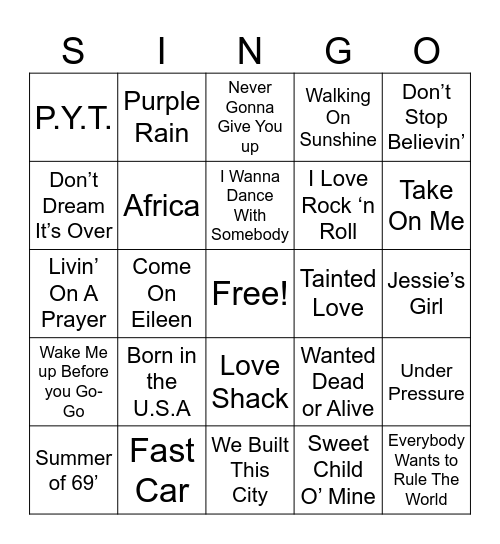 80s Singo Bingo Card