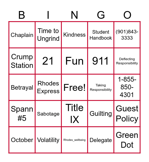 Campus Safety Bingo Card