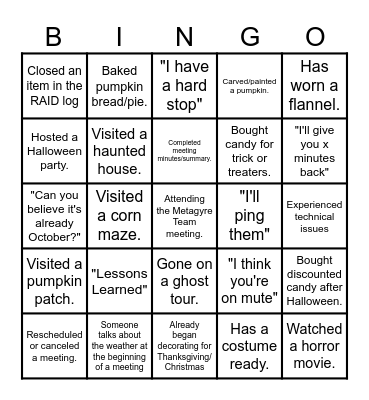 Fall/Halloween Bingo Card