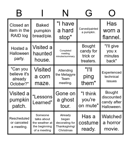 Fall/Halloween Bingo Card