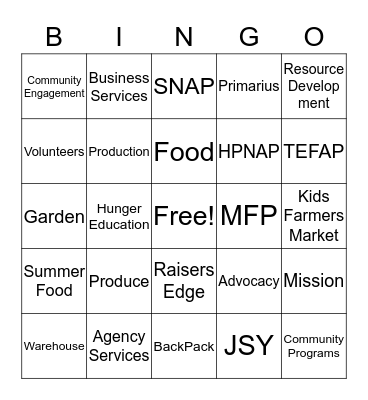 Food Bank Bingo Card