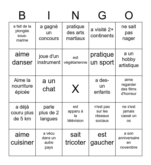 Bingo humain Bingo Card