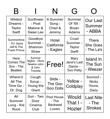 Goodbye Summer Bingo Card