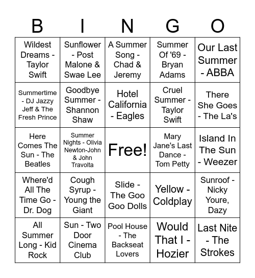 Goodbye Summer Bingo Card