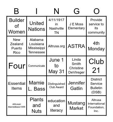 ALTRUSA - SEPTEMBER 2024 Bingo Card