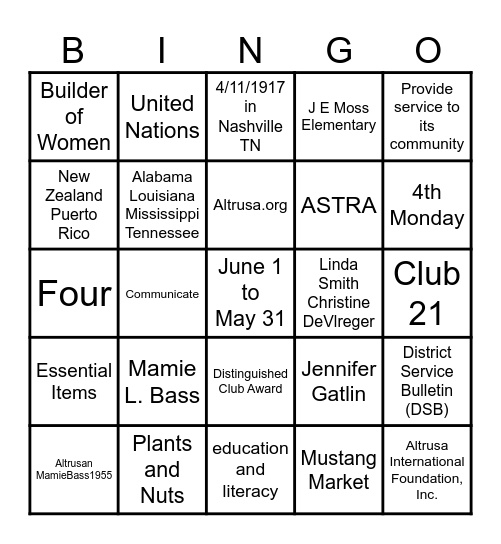 ALTRUSA - SEPTEMBER 2024 Bingo Card