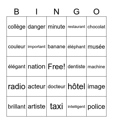 French Cognates Bingo Card